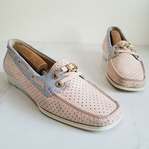 STUART WEITZMAN Catamaran Pink Blue Leather Boat Shoes Loafers Perf Wedge Size 8